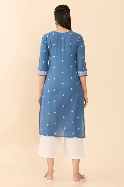 Blue Floral Embroidered Straight Cut Kurta