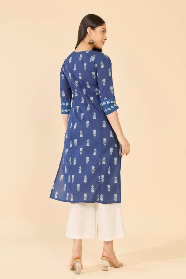 Blue Floral Printed Cotton Kurta