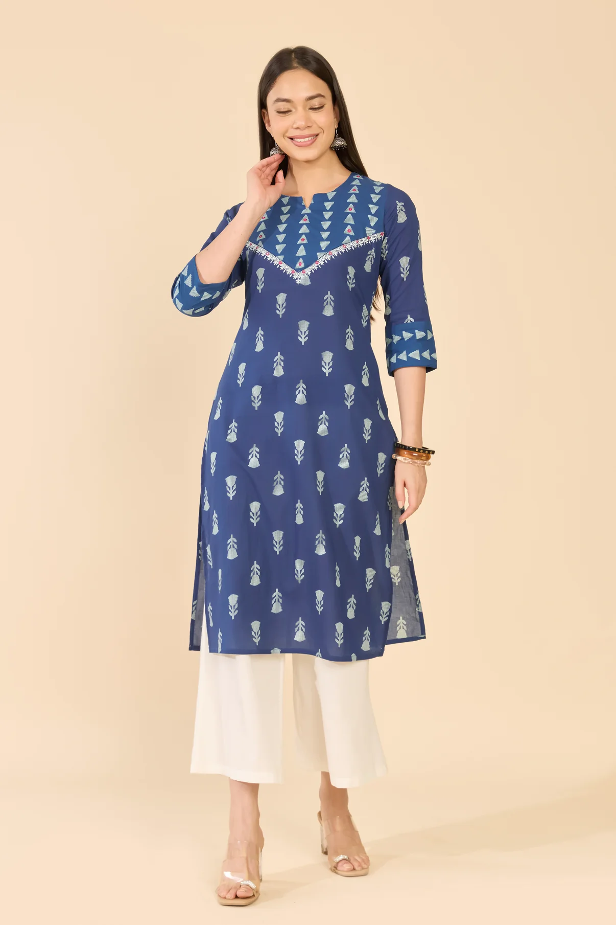 Blue Floral Printed Cotton Kurta