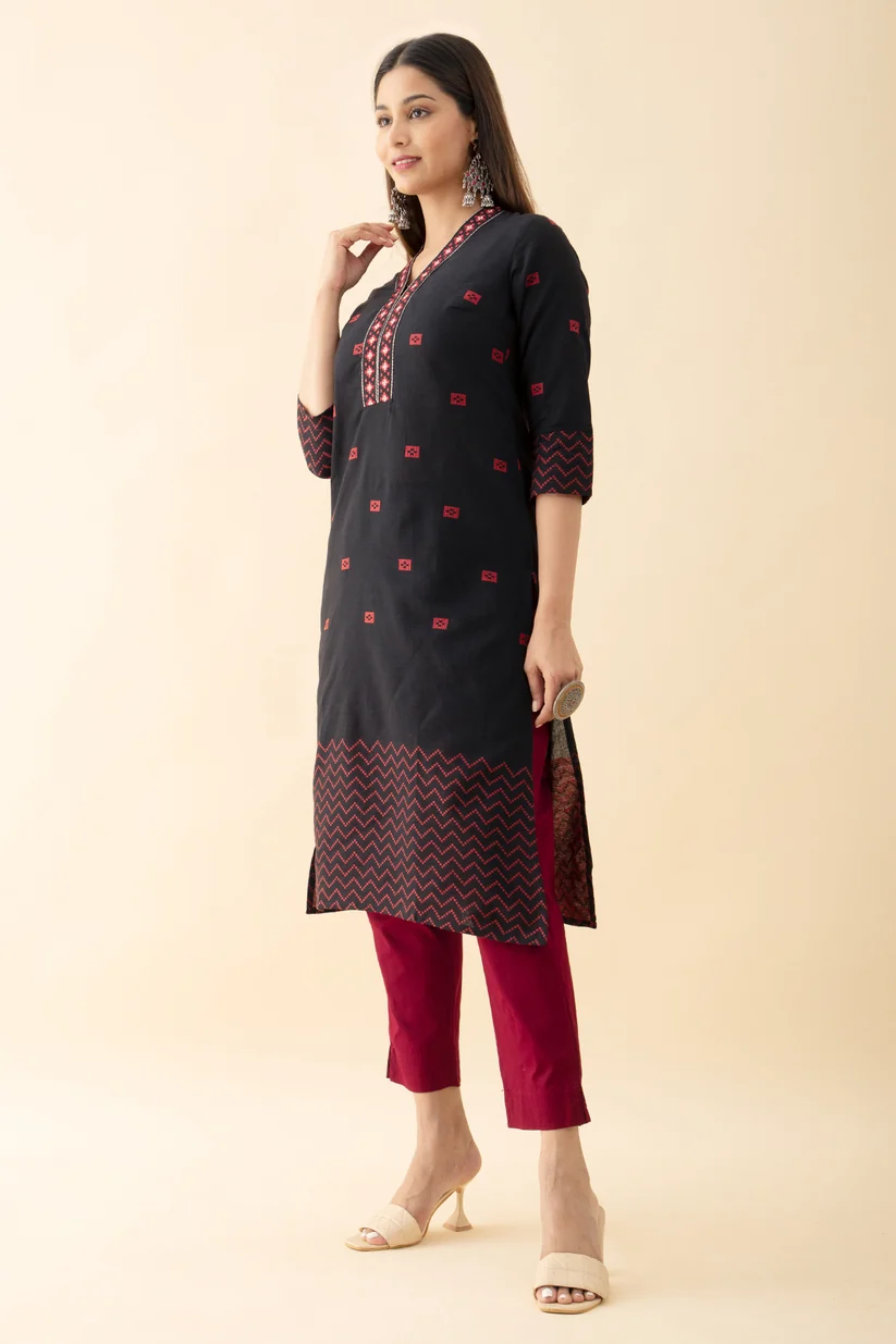 Dobby Weave Embroidered Kurta - Black
