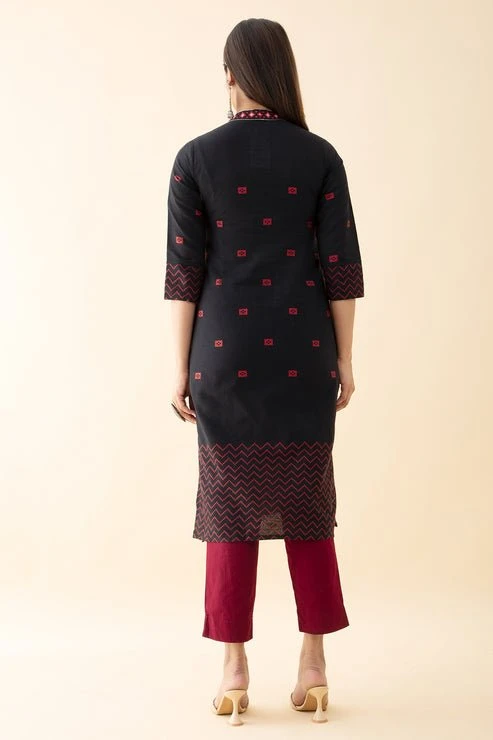 Dobby Weave Embroidered Kurta - Black