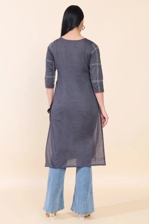Gray Checked Floral Embroided Cotton Kurta