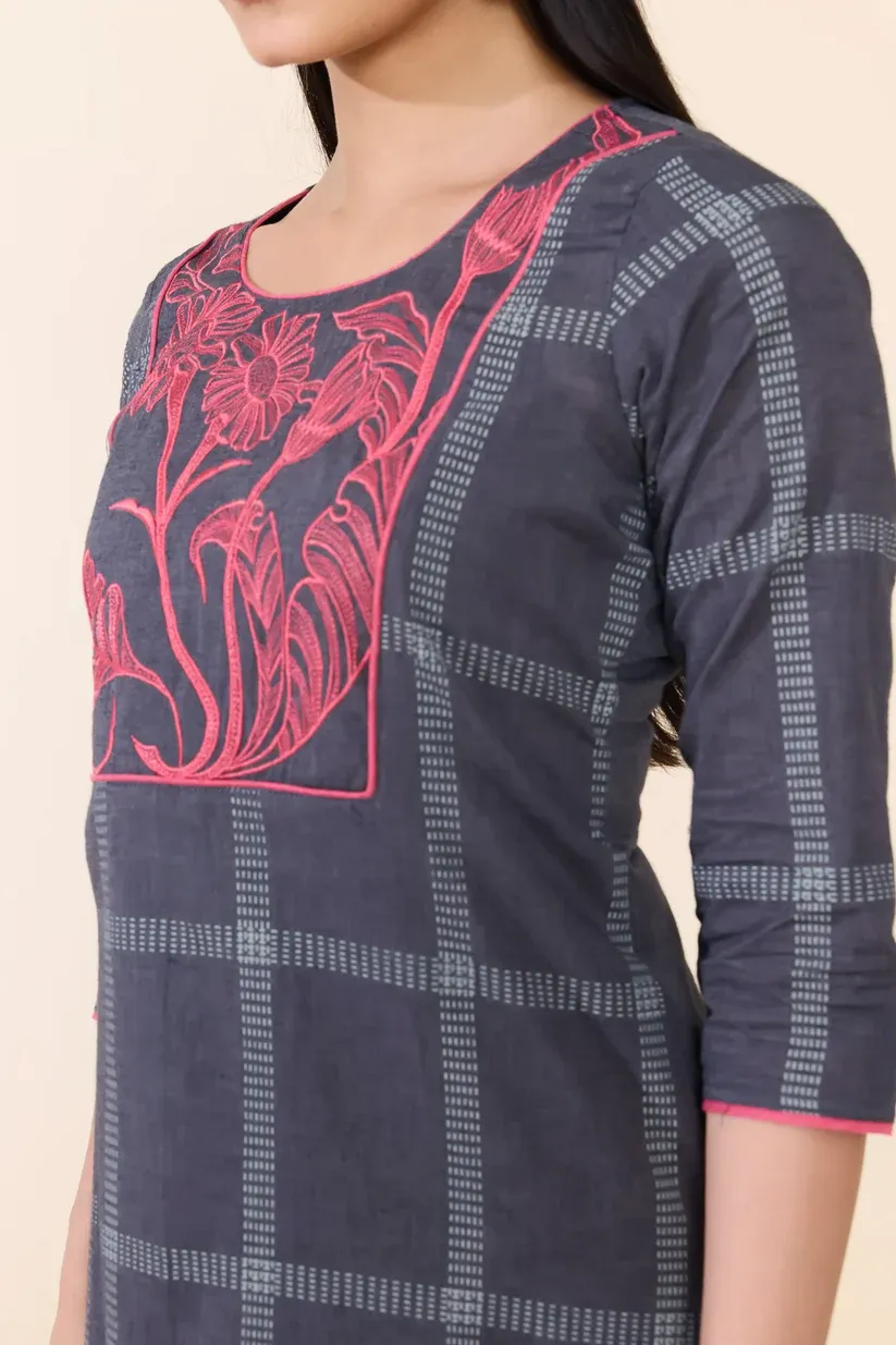Gray Checked Floral Embroided Cotton Kurta