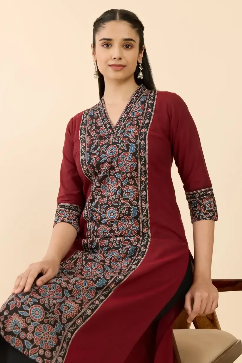 Maroon Ajrakh Printed Straight Cut Kurta