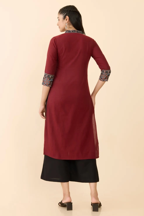 Maroon Ajrakh Printed Straight Cut Kurta