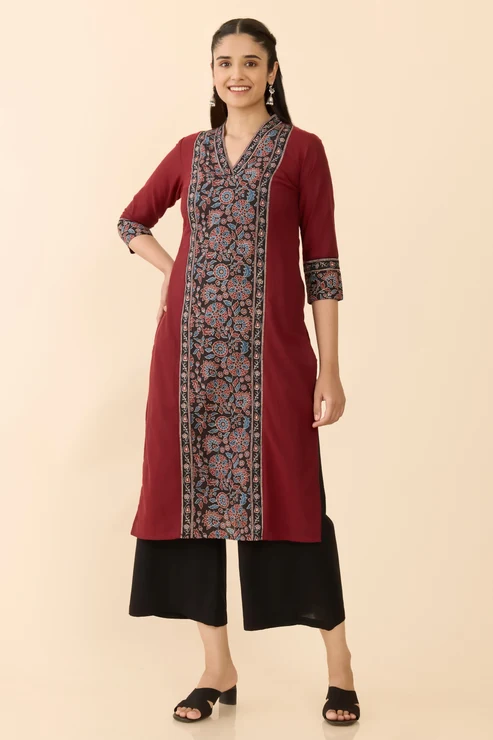 Maroon Ajrakh Printed Straight Cut Kurta