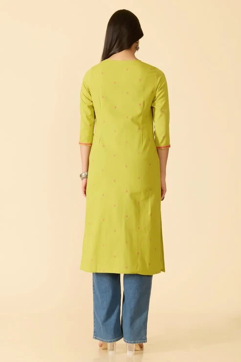 Lemon Green Embroidered Cotton Kurta