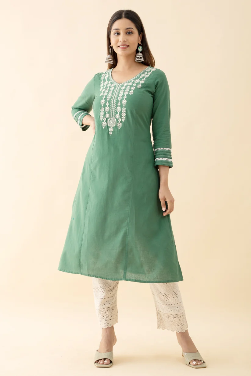 Jewel Inspired Embroidered Kurta - Green