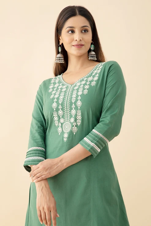 Jewel Inspired Embroidered Kurta - Green