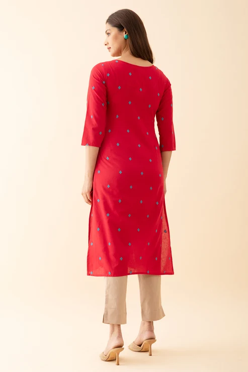 Dobby Weave kurta with Contrast Yoke Embroidery Red
