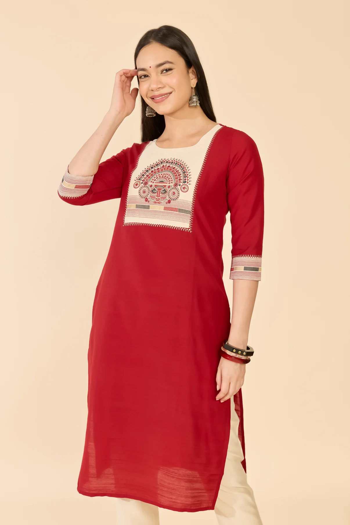 Red Theyyam Print Raw Silk Kurta