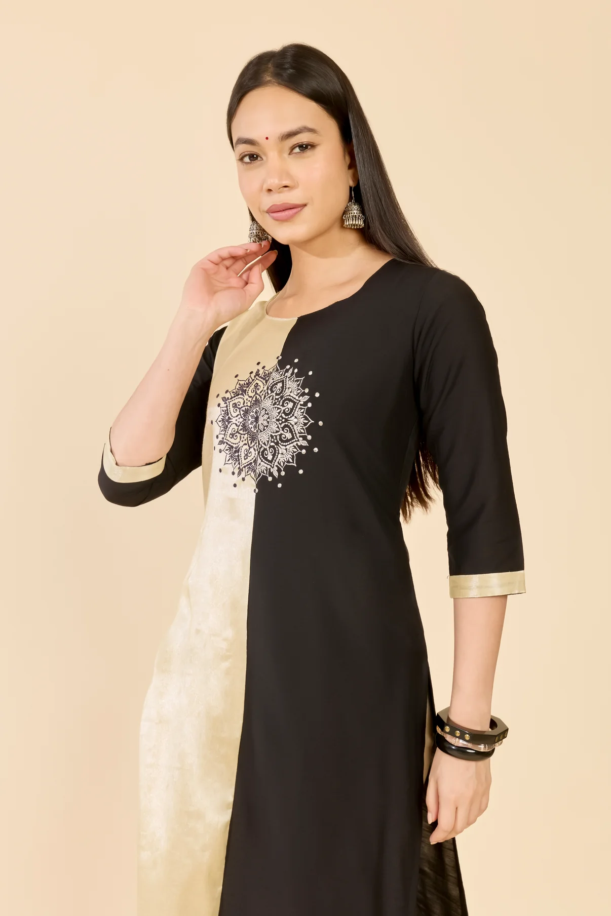 Black & White Color Block Embroidered Kurta