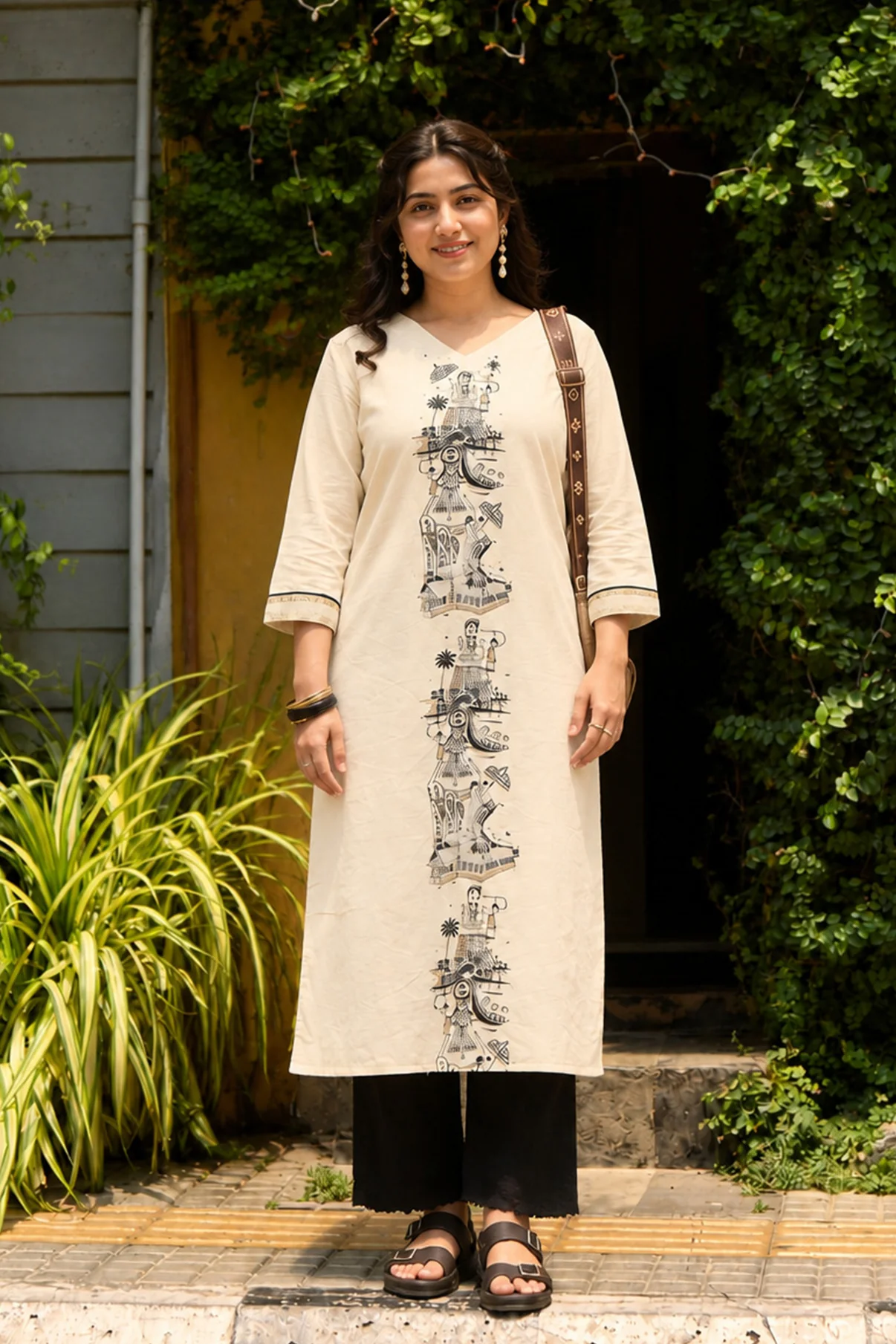 Off White Kathakali Illustration Printed Kurta