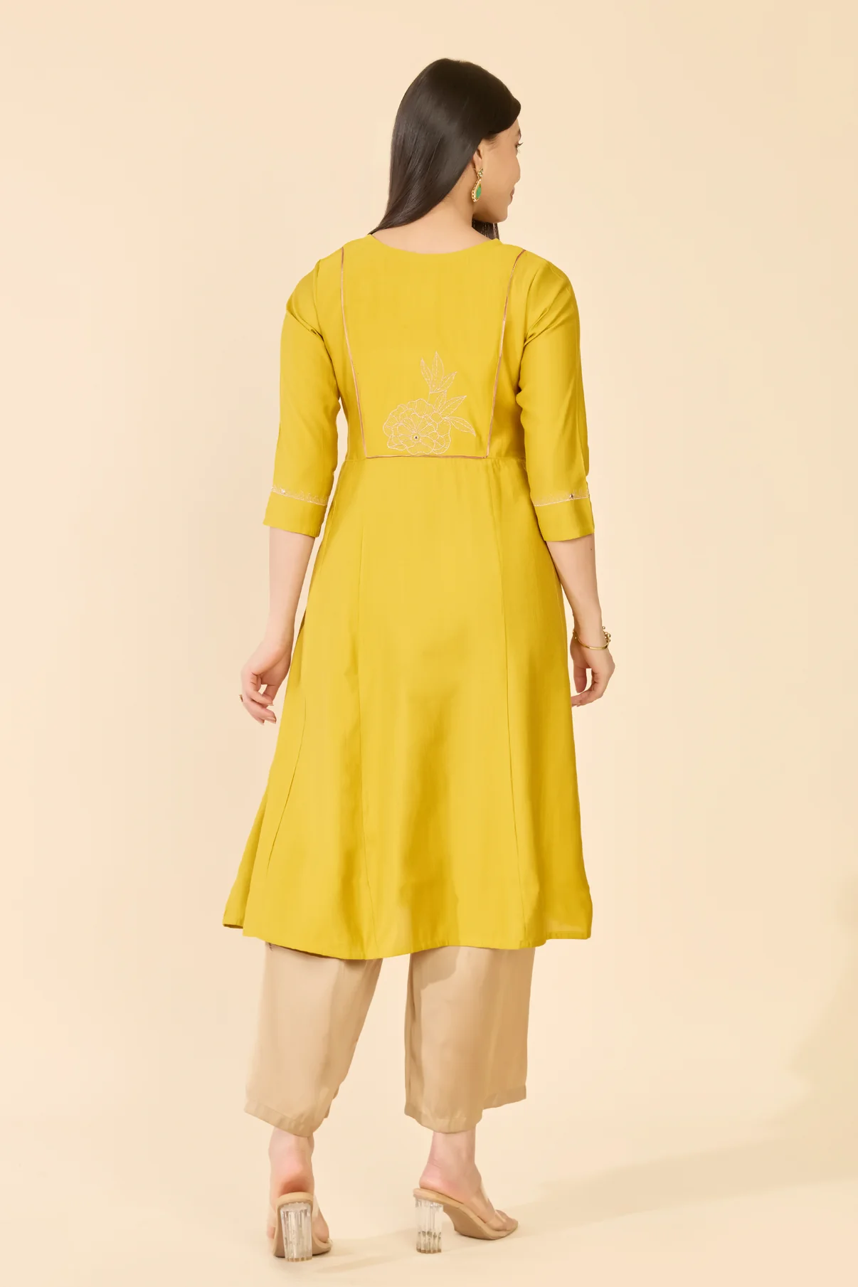 Mustard Embroidered Yoke A-Line Kurta