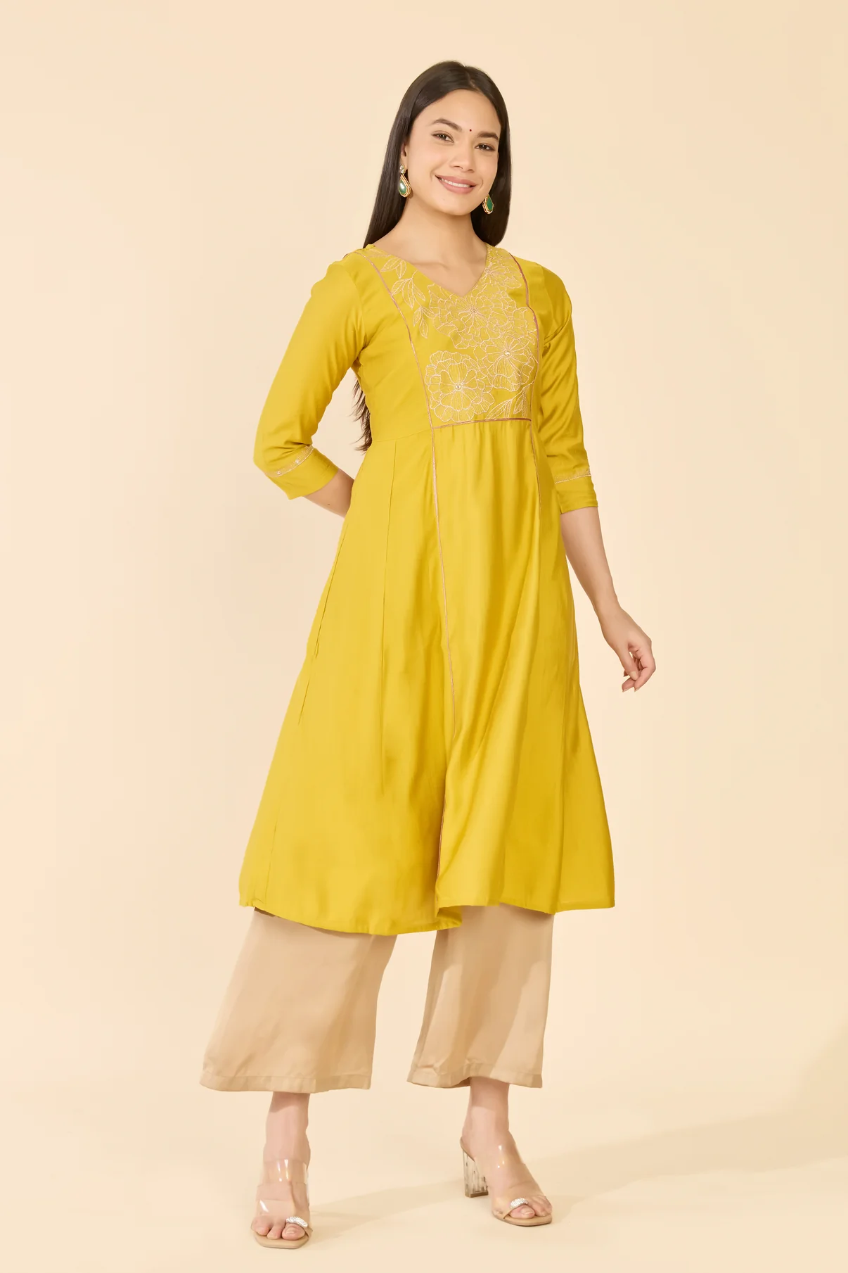 Mustard Embroidered Yoke A-Line Kurta