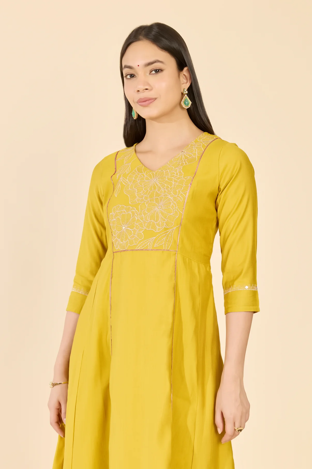 Mustard Embroidered Yoke A-Line Kurta