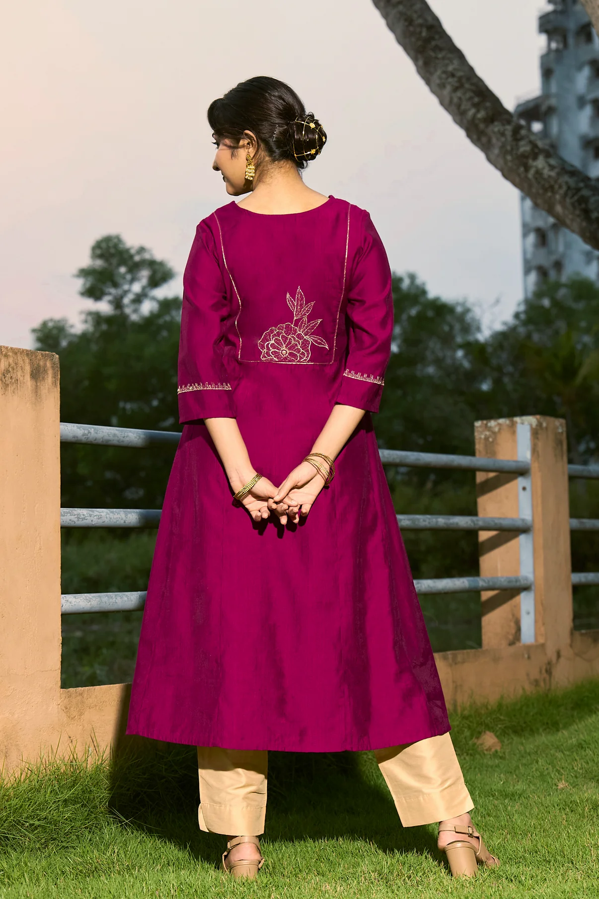 Magenta Embroidered Yoke A-Line Kurta