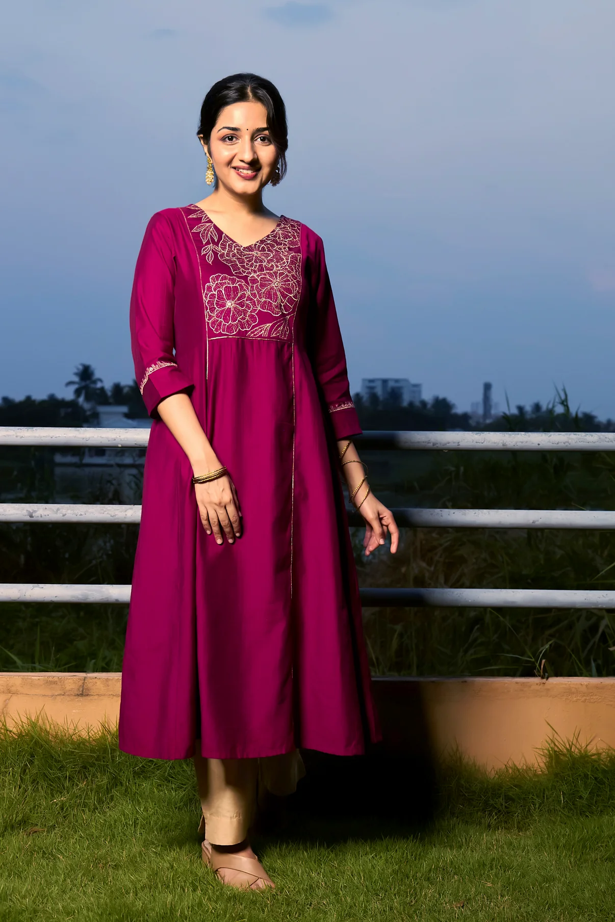 Magenta Embroidered Yoke A-Line Kurta