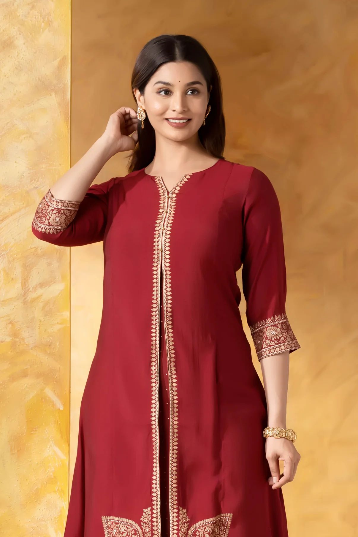 Red Embellished A-Line Kurta with Brocade Work