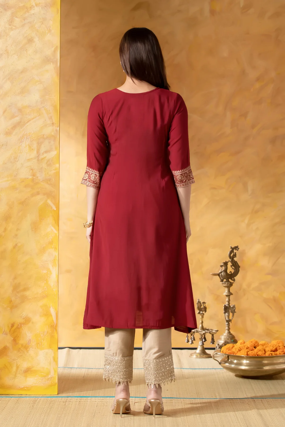 Red Embellished A-Line Kurta with Brocade Work