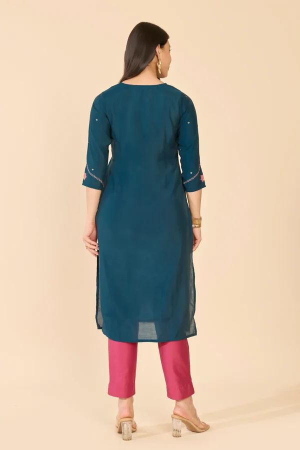 Blue Lotus Embroidered Straight Kurta
