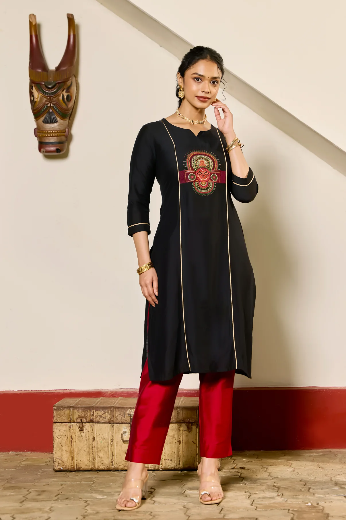 Black Raw Silk Theyyam Embroidered Kurta