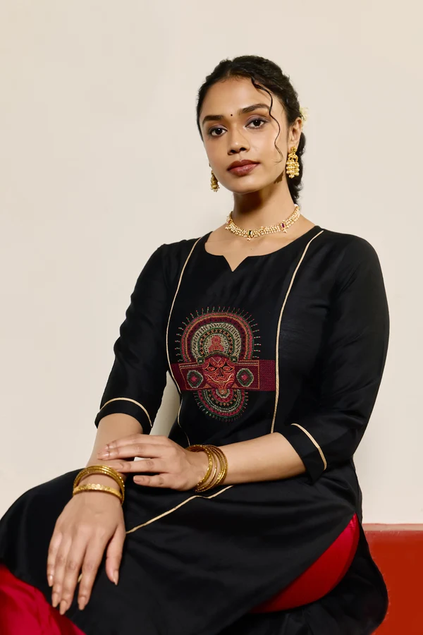 Black Raw Silk Theyyam Embroidered Kurta
