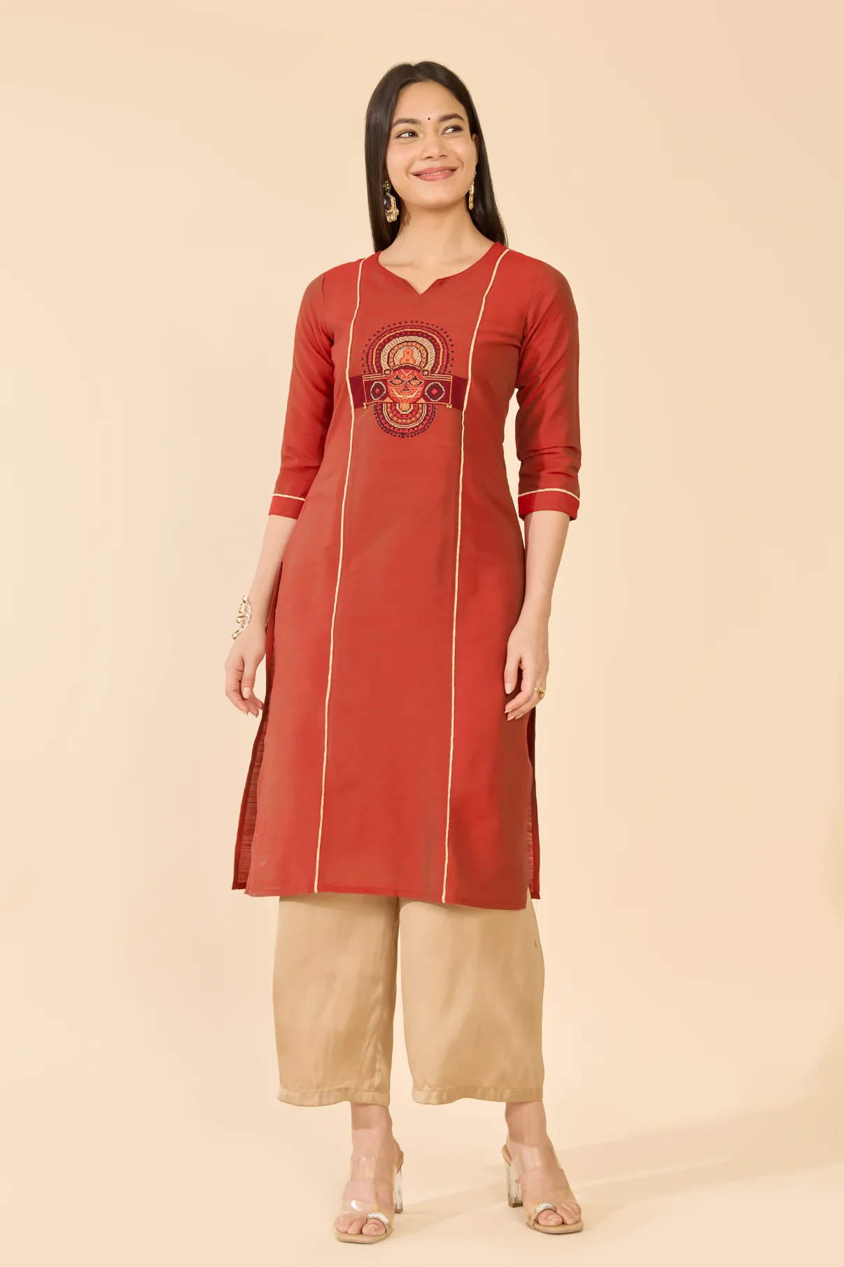 Rust Raw Silk Theyyam Embroidered Kurta
