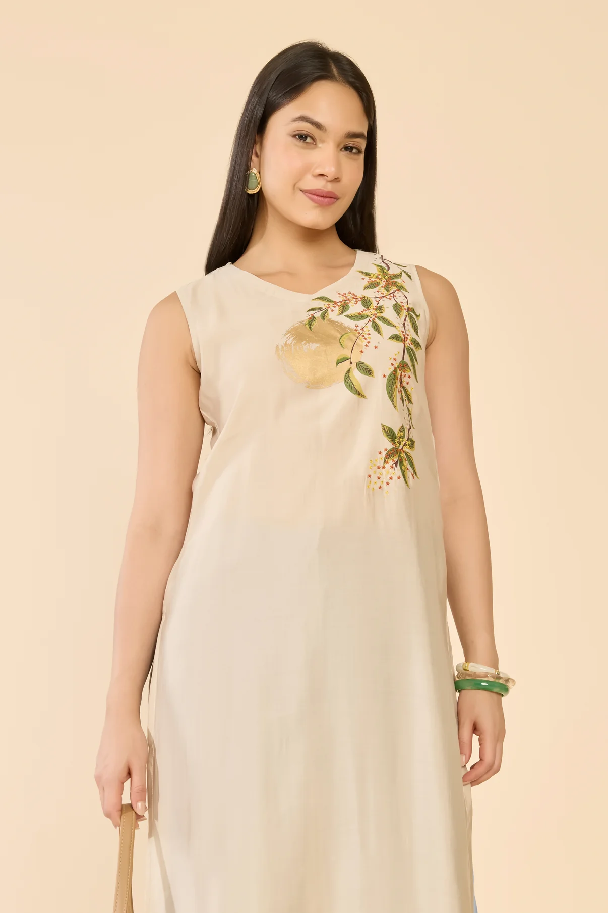 Beige Sun & Floral A-Line Kurta