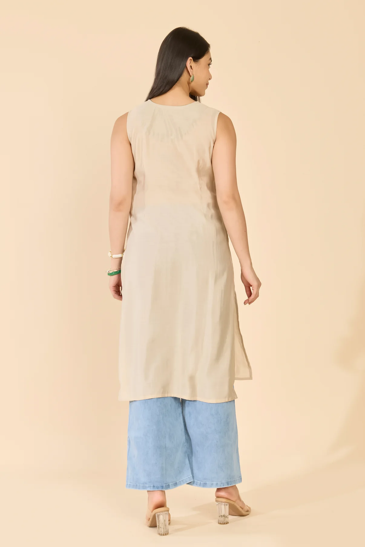 Beige Sun & Floral A-Line Kurta
