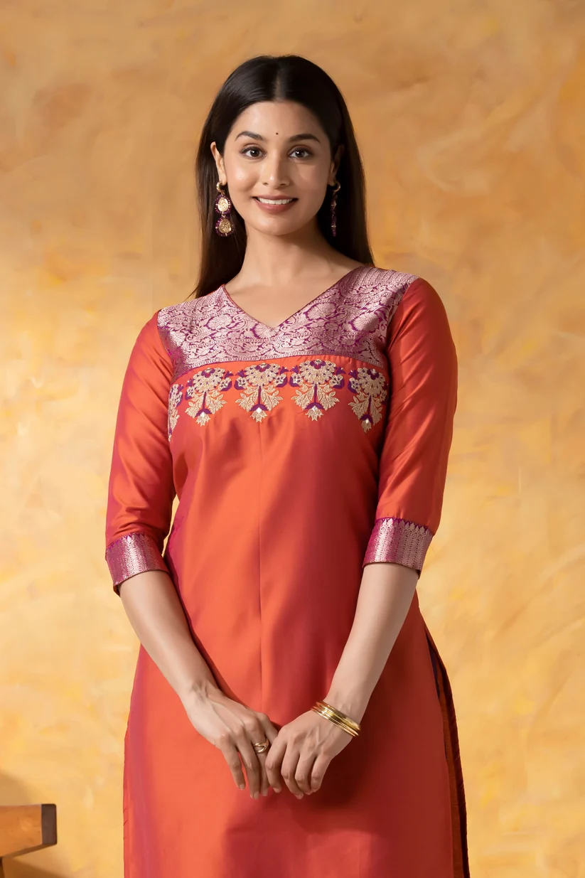 Rust Orange Kurta with Brocade Yoke, Embroidery & Foil Mirror Work