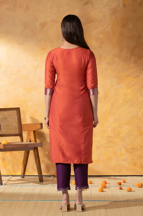 Rust Orange Kurta with Brocade Yoke, Embroidery & Foil Mirror Work