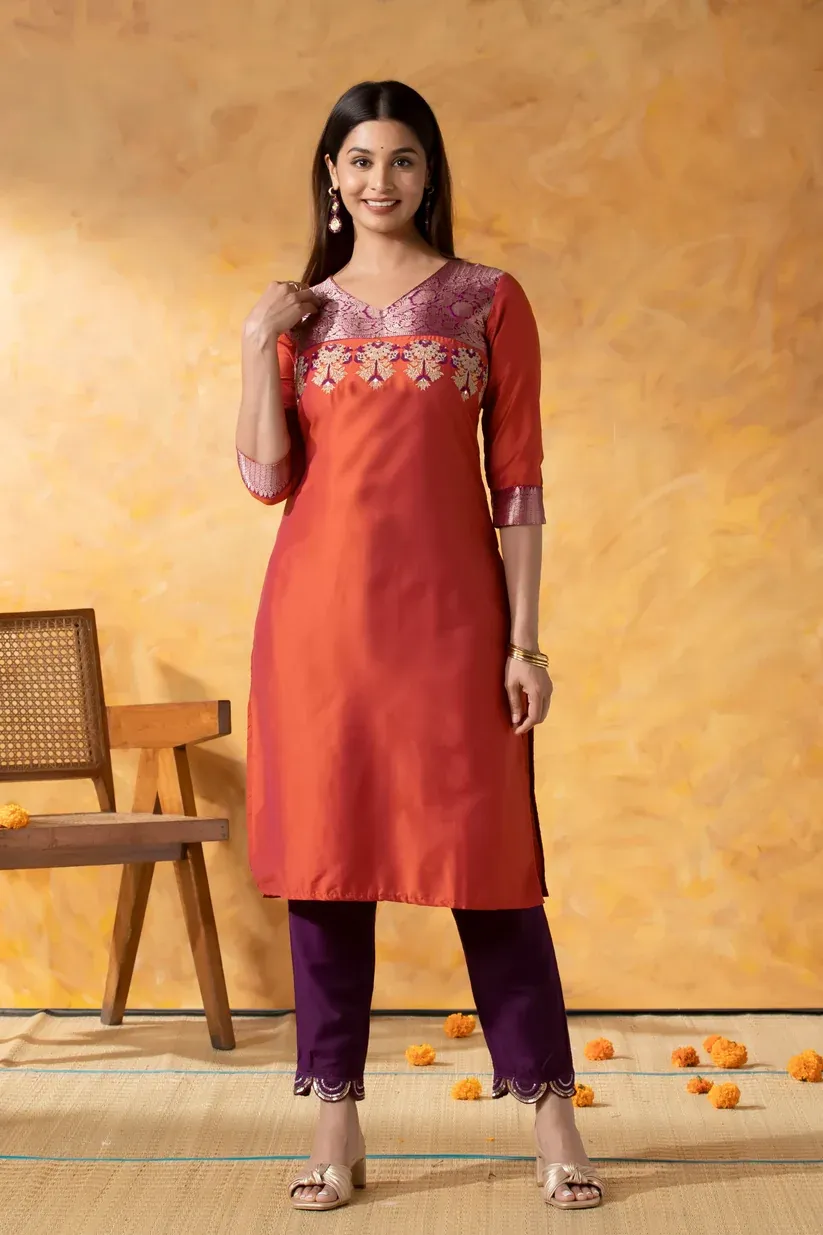 Rust Orange Kurta with Brocade Yoke, Embroidery & Foil Mirror Work