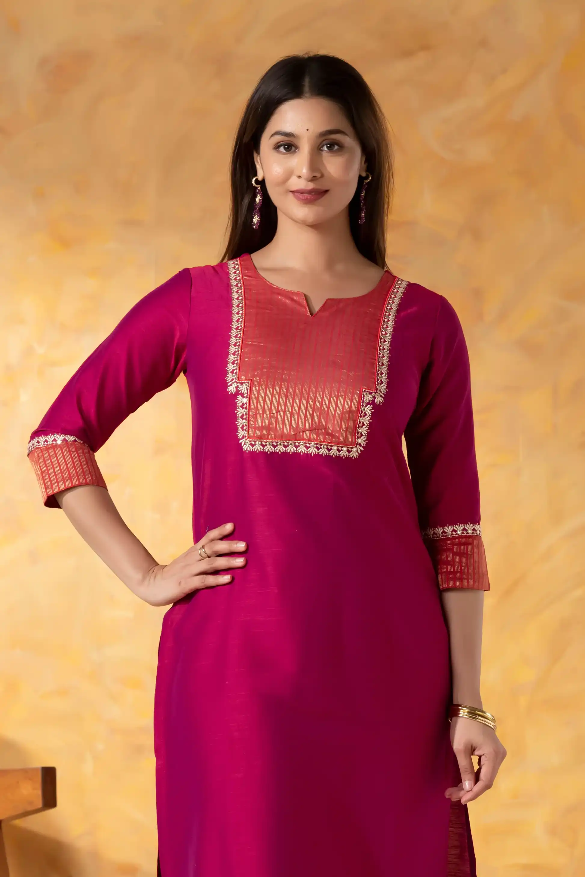 Maroon Straight Line Kurta with Embroidery & Foil Mirror Work