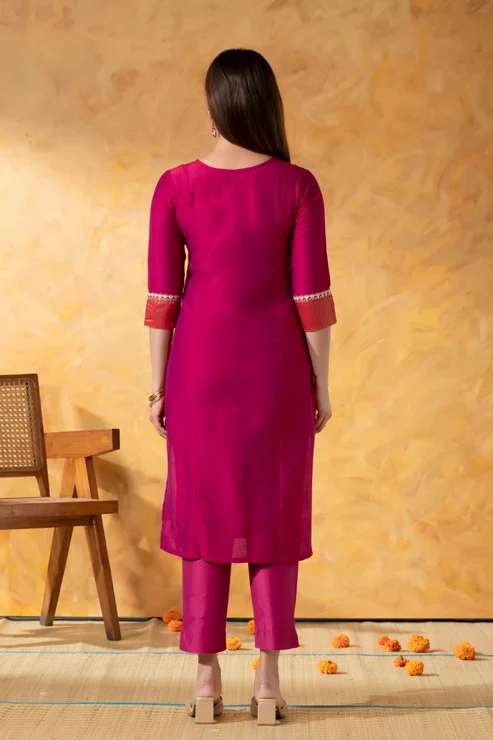 Maroon Straight Line Kurta with Embroidery & Foil Mirror Work