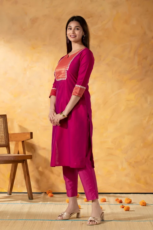 Maroon Straight Line Kurta with Embroidery & Foil Mirror Work