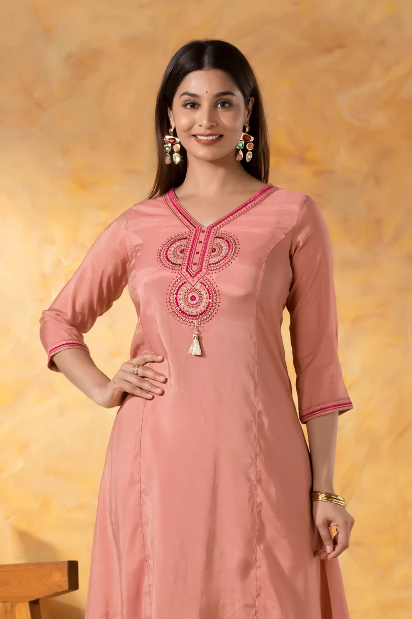 Pink A-Line Kurta with Tassel & Embroidered Yoke in Shimmer Dola silk