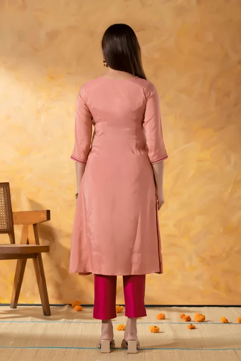 Pink A-Line Kurta with Tassel & Embroidered Yoke in Shimmer Dola silk