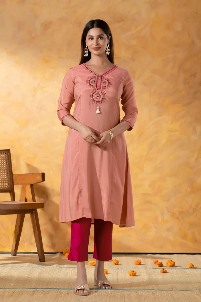 Pink A-Line Kurta with Tassel & Embroidered Yoke in Shimmer Dola silk