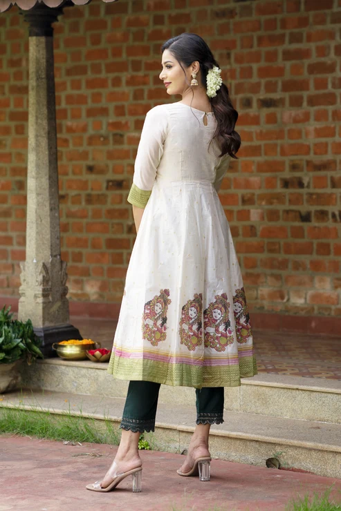 Mural Printed A-Line Kurta - Off-White & Green