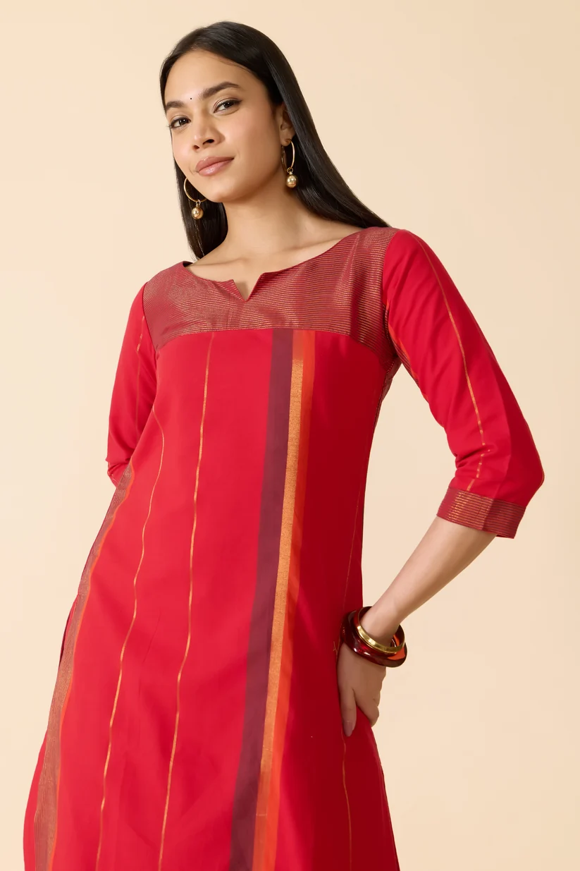 Red Striped Straight Cotton Kurta