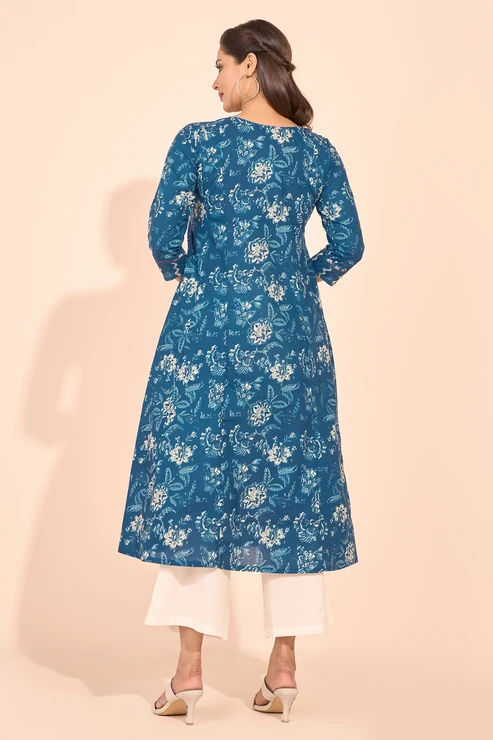 Indigo Printed Foil Mirror Embellished Kurta - Blue