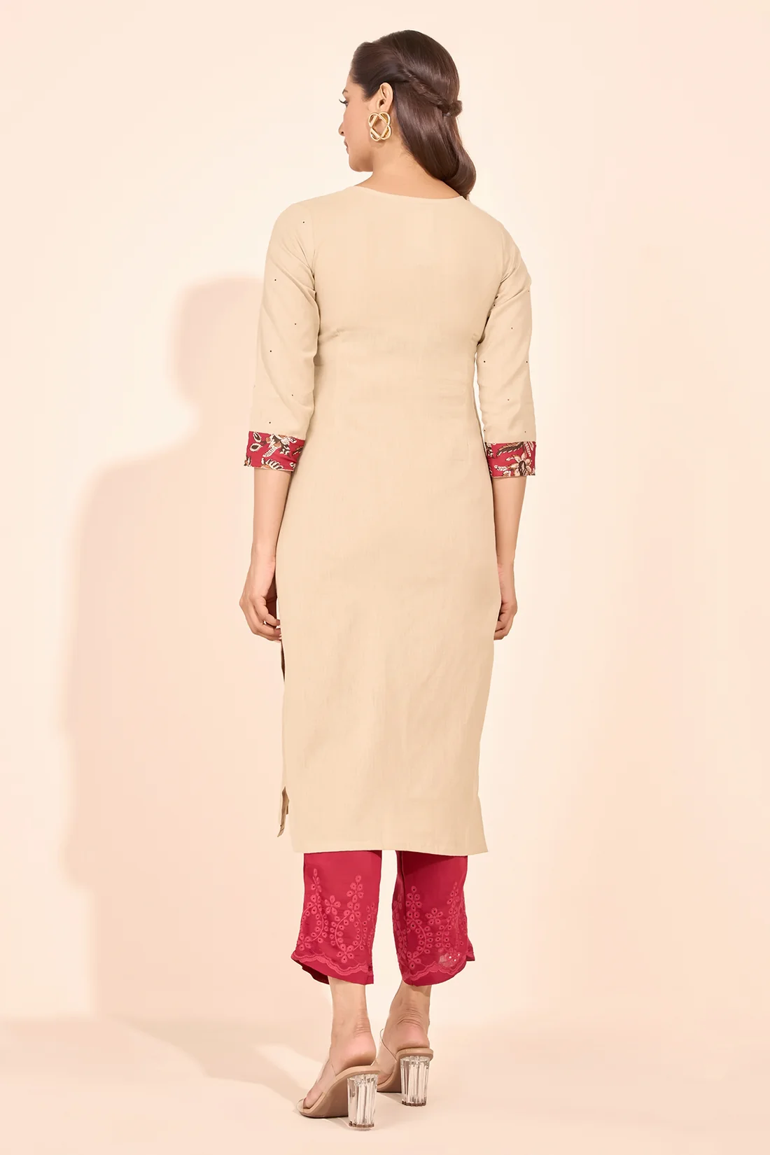 Floral Block Printed Yoke Patchwork Kurta - Beige