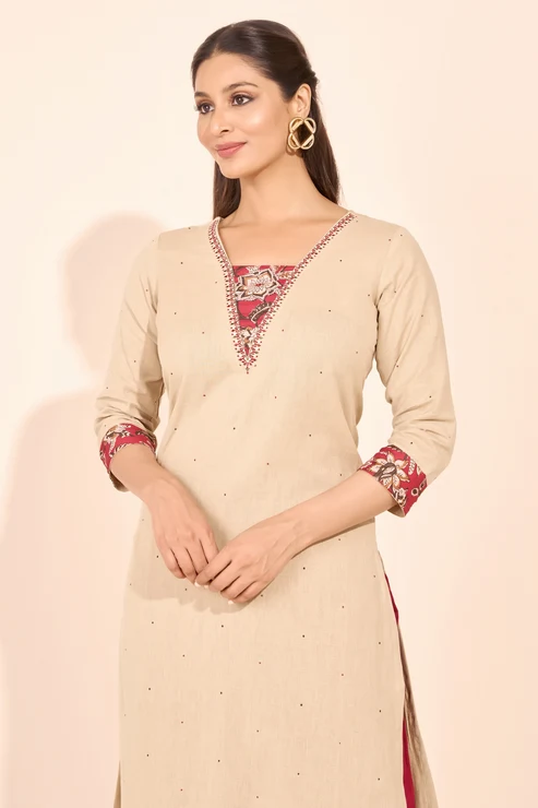 Floral Block Printed Yoke Patchwork Kurta - Beige