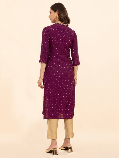 Floral Embroidered Neckline With Allover Polka Dots Printed Kurta Burgundy