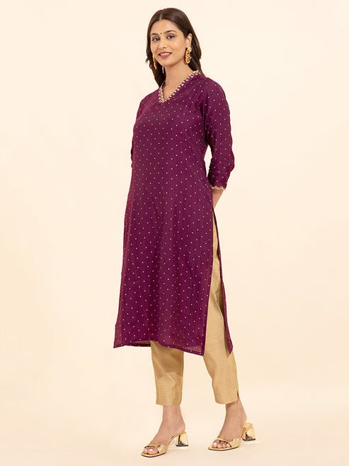 Floral Embroidered Neckline With Allover Polka Dots Printed Kurta Burgundy