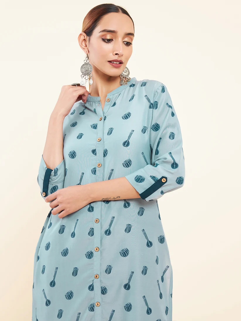 Instrument Motif Printed Kurta Blue
