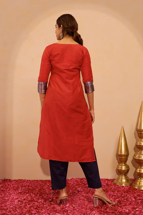 Printed Kurta with Zari Patchwork- Orange