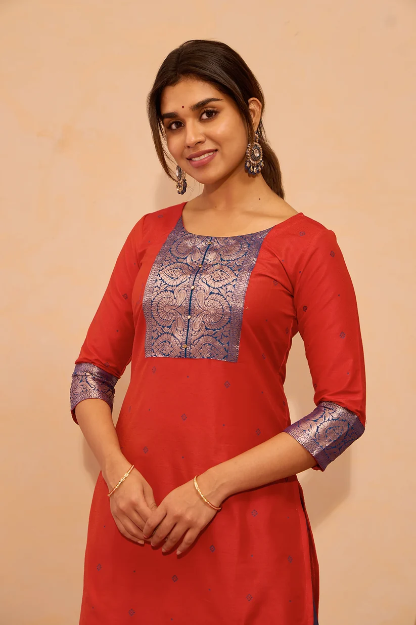 Printed Kurta with Zari Patchwork- Orange