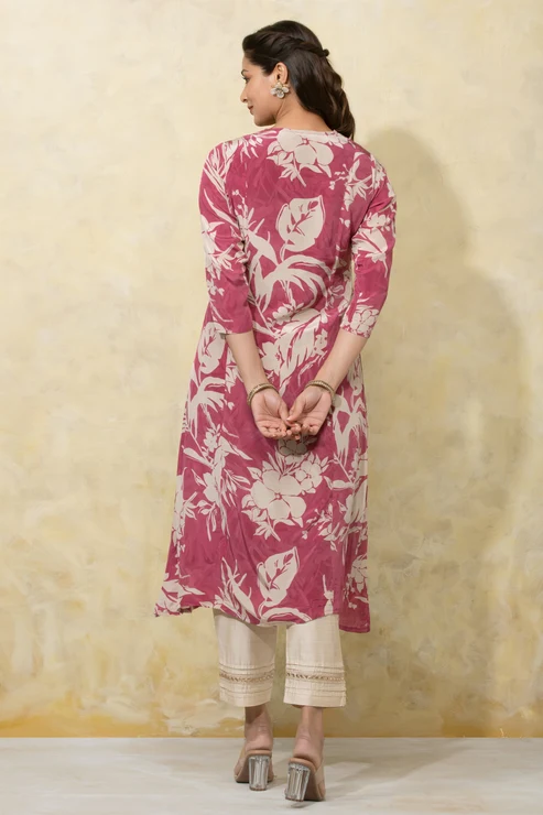 Abstract Floral Printed A-Line Kurta - Pink